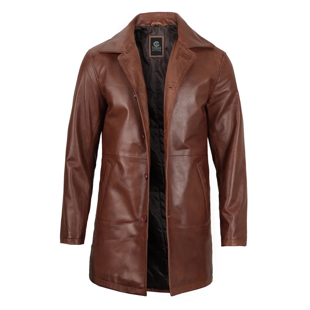 Double-Breasted Leather Coat – Formal & Stylish Office Outerwear