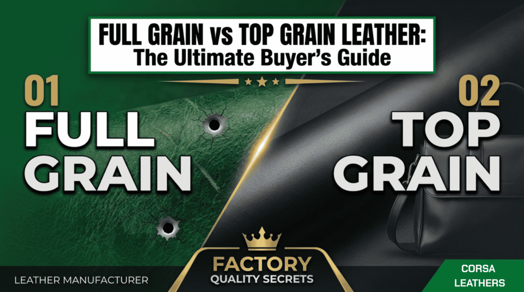An informational infographic contrasting Full Grain and Top Grain leather, strictly based on the layout and text of the provided image.